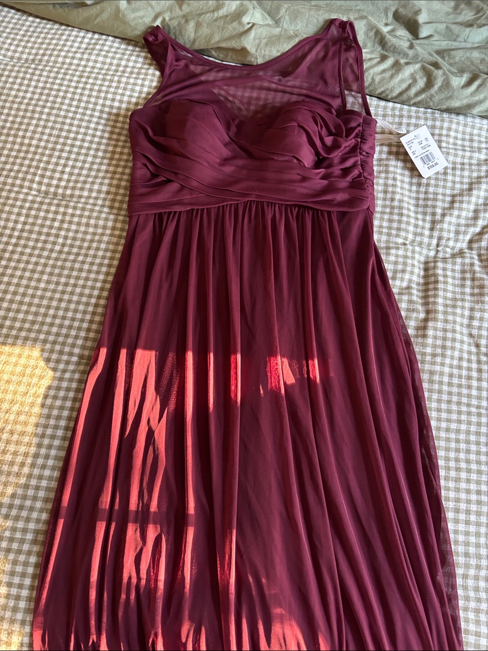 David's Bridal Burgundy Mesh Overlay Chiffon Gown